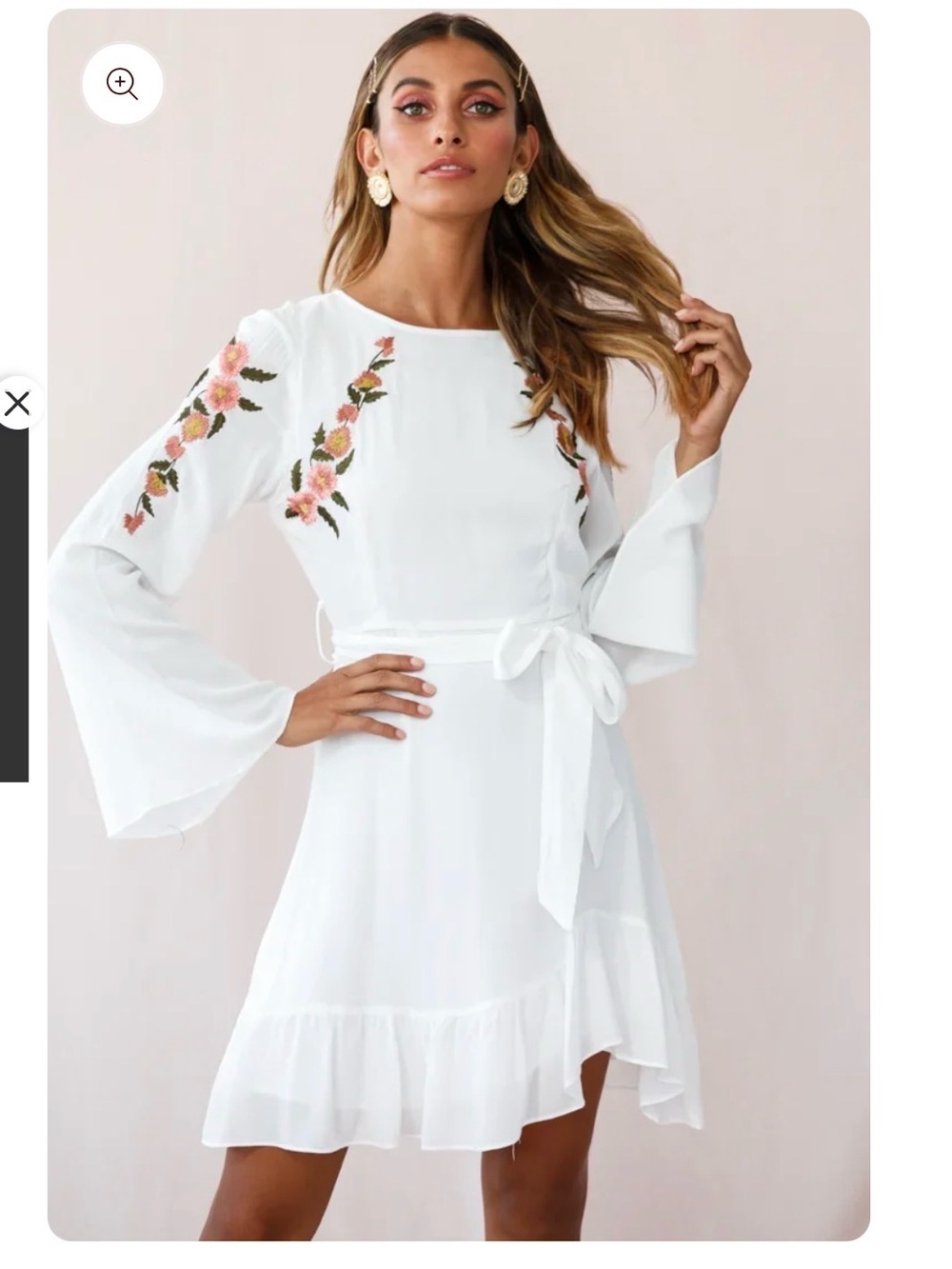 Yara Embroidered White Fit and Flare Dress with Bell Sleeves